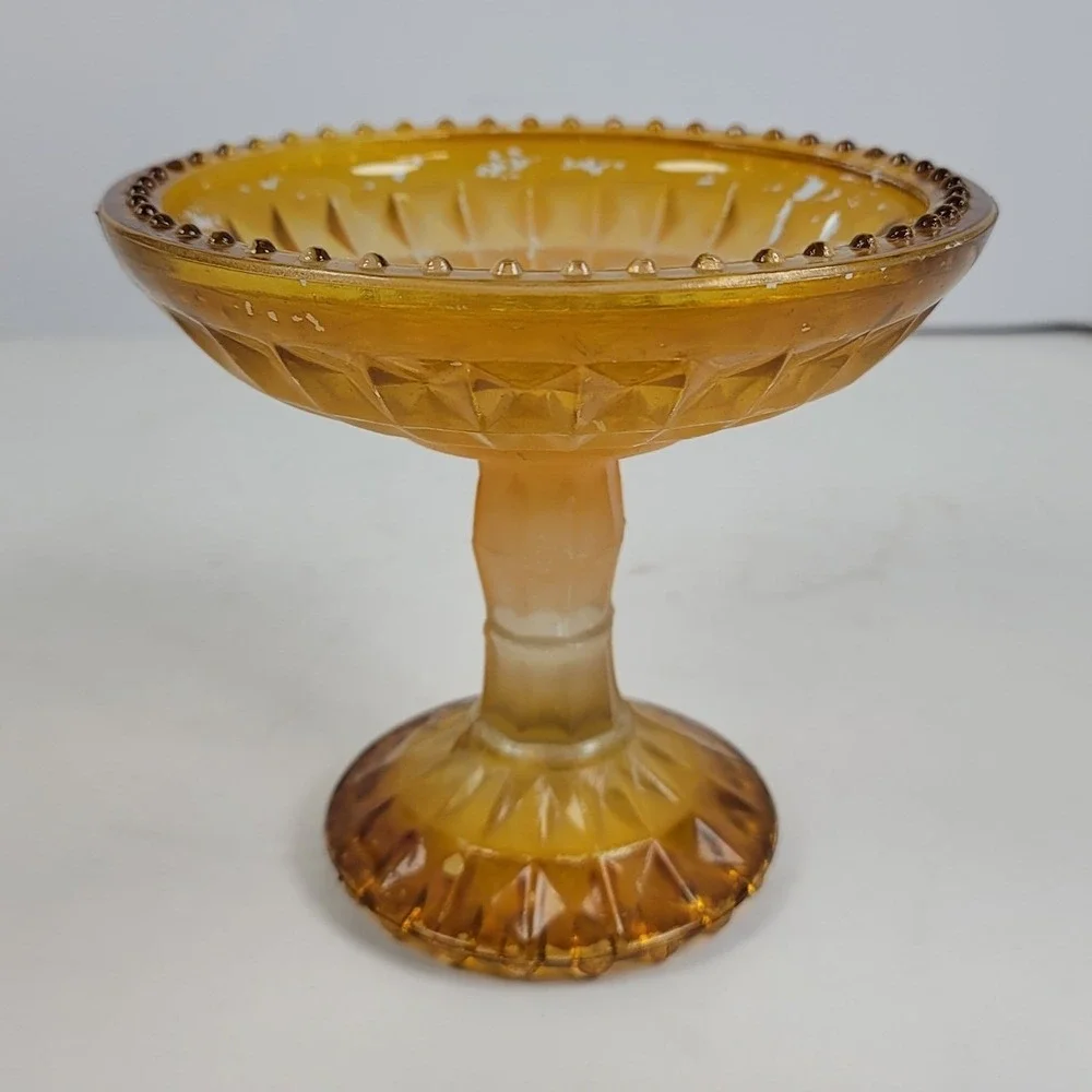 Vintage Amber Glass Pedestal Compote Dish Beaded Rim Diamond Cut Candy Bowl 4.5